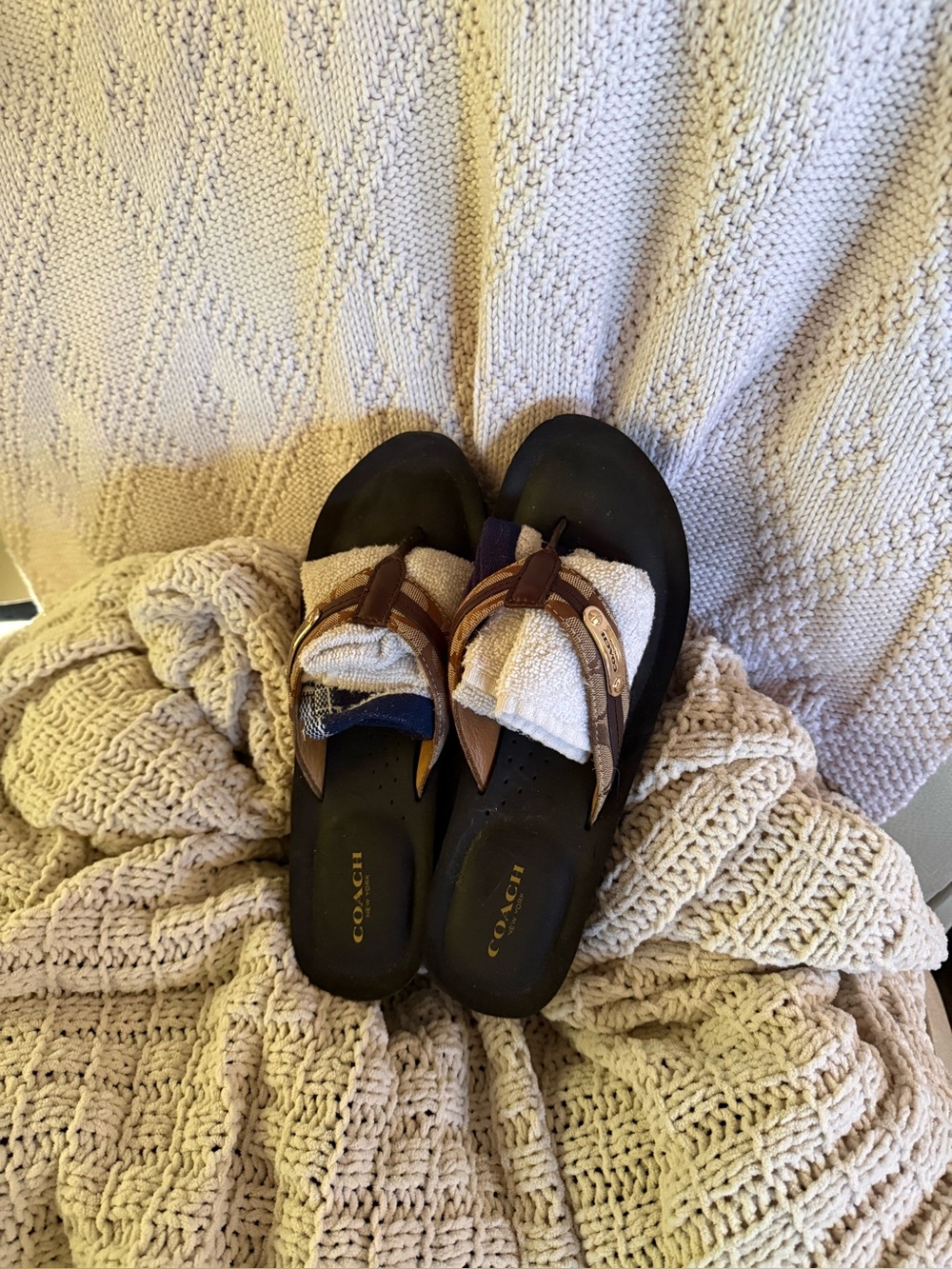 Coach Black Flip Flop Sandals with Brown Leather Straps